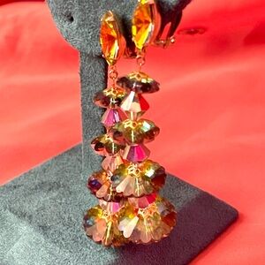 Vintage 1960s Clip On Glamorous Stacked Multicolored Swarovski Earrings